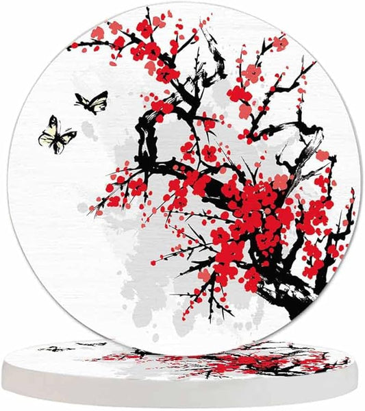 Cherry Branch Drink Coasters Modern Foliage Butterfly China Classic Blossoming Oriental Ink Culture Housewarming Presentss for New Home Present for Friends,2 Pcs,4 X 4 X 0.35 Inches