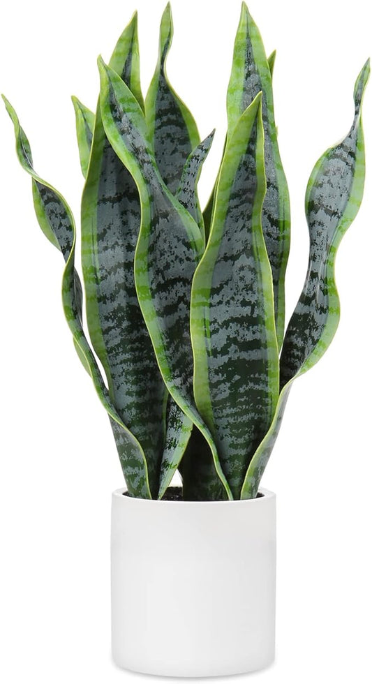 Briful Fake Snake Plant 16" Faux Potted Plant Artificial Snake Plant with White Ceramic Pot Sansevieria Plant Perfect for House Modern Living Room Office Housewarming Gift Indoor Decor
