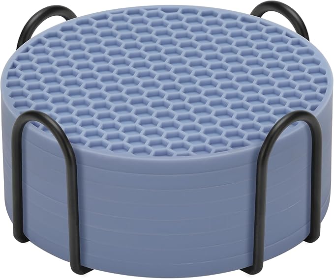 Silicone Coasters Set of 8 with Holder,Coasters for Drinks,Beer,Coffee Coasters,Suitable for Kinds Cups,Hot or Cold,Anti-SLI,Non-Stick,Anti-Overflow Tabletop Protection and Decor (8 Pcs, Blue)