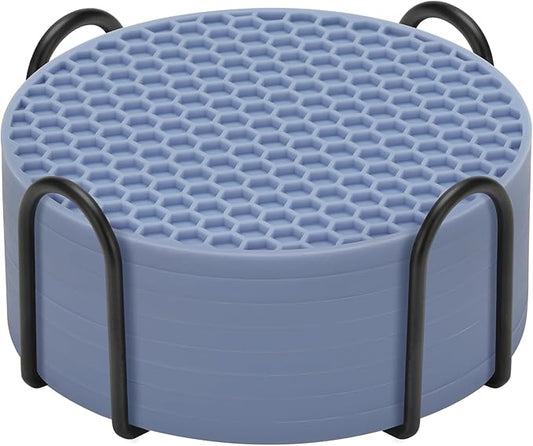 Silicone Coasters Set of 8 with Holder,Coasters for Drinks,Beer,Coffee Coasters,Suitable for Kinds Cups,Hot or Cold,Anti-SLI,Non-Stick,Anti-Overflow Tabletop Protection and Decor (8 Pcs, Blue)