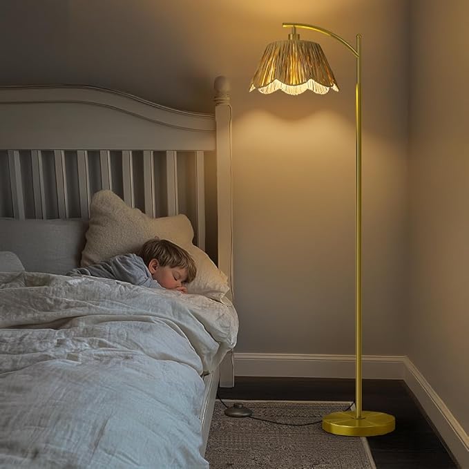 Oneach Arc Floor Lamp for Living Room,Rattan Boho Floor Lamp with Hand-Woven Shade, Foot Switch,Gold Metal Base & Pole,Farmhouse Standing Lamp for Bedroom Corner,Reading