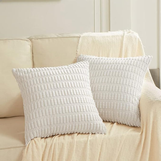 Fancy Homi 2 Packs Pure White Decorative Throw Pillow Covers 20x20 Inch for Living Room Couch Bed Sofa, Rustic Farmhouse Boho Home Decor, Soft Striped Corduroy Square Cushion Case 50x50 cm