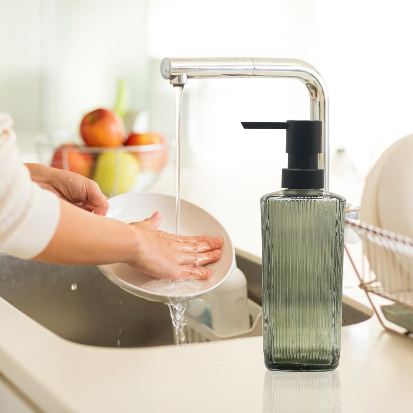 Green Glass Soap Dispenser Set with Black Pump, 12oz Hand Dish Lotion Dispenser, Refillable Liquid Soap Dispenser for Modern Home Decor, Bathroom, Kitchen Countertop, Hotel(2 Pack)