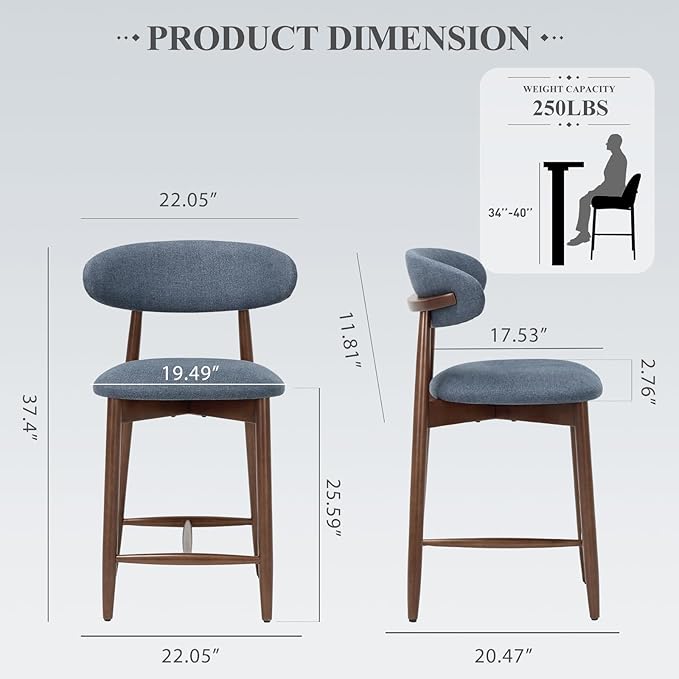 COLAMY Upholstered Counter Height Bar Stools, Kitchen Island Chairs with Back, Modern Counter Stools with Wood Legs for Kitchen Dining Room, Blue