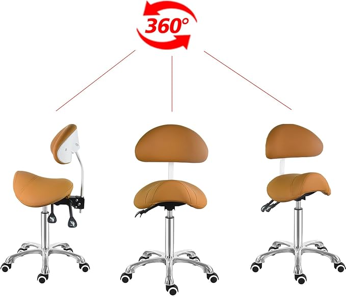 Antlu Saddle Stool Chair with Back Support, Ergonomic Esthetician Stool Chair for Salon Tattoo Spa Medical Dentist Clinic (with Backrest, Camel)