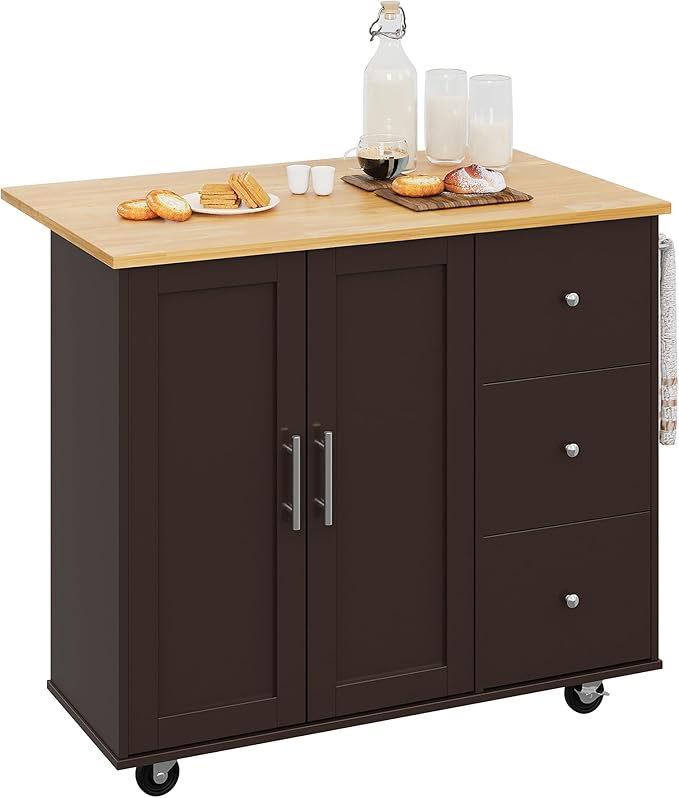 Shintenchi Rolling Kitchen Island Cart with Folding Drop Leaf Breakfast Bar, Portable Trolley Island with Large Storage Cabinet, Shelf and Drawer, Brown