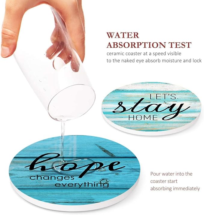 Britimes Coaster for Drinks Set of 6, Antique Teal Blue Wood Beach Table Absorbent Round Ceramic Stone Mat, with Cork Base and Metal Holder, Gift for Housewarming Room Bar Decor