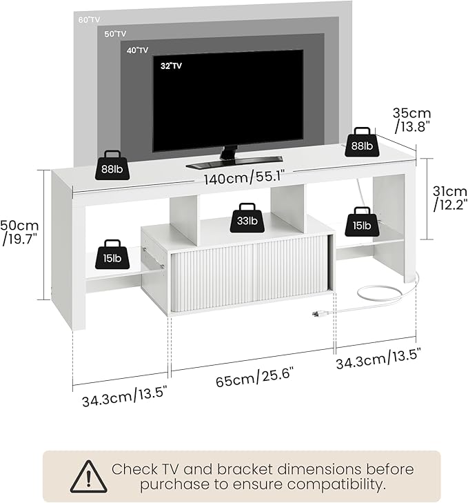 TV Stand with Power Outlet, Modern TV Cabinet for 55 60 inch TVs, Media TV Console with LED Light Strip, Media Entertainment Center with Storage, for Living Room, Bedroom, White MDS02UDWB