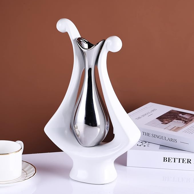 White Silver Abstract Art Ceramic Vases for Home Décor Accent,Nordic Modern Minimalist Vases for Flowers,Shelf,Table Centerpieces,Bookshelf,Fireplace Mantle,Rustic,Wedding,Mid Century Décor