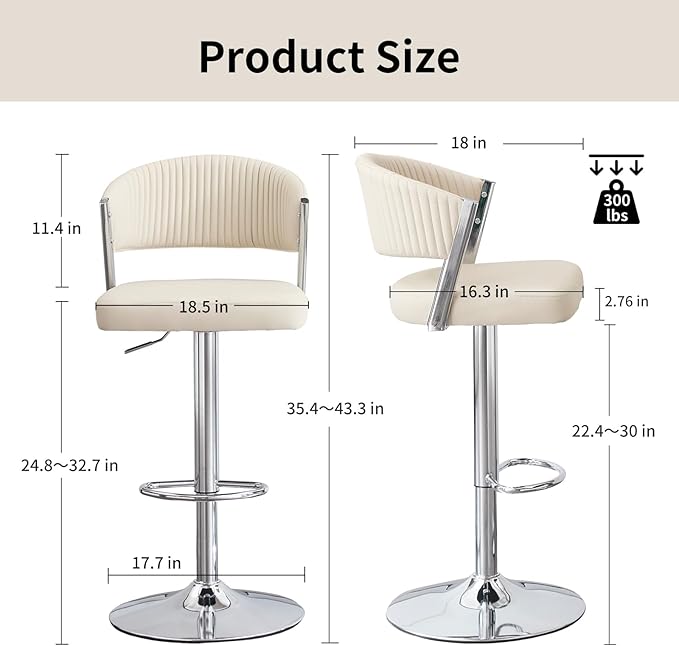 Bar Stools Set of 2, Adjustable Swivel Counter Height Bar Stools with Back and Footrest, PU Leather Bar Chairs for Kitchen Dining Room, White