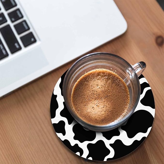 Milch Cow Skin Texture Coasters Set for Wood Table Black White Spot Monochrome Tabletop Protection Mat for Mugs and Cups 4 Inch for Kitchen Office Home