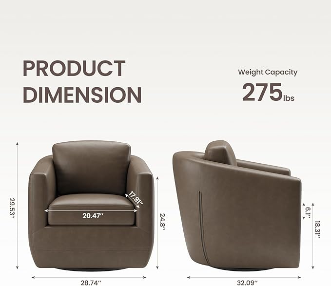 COLAMY 360° Swivel Accent Chair with Pillow, Leather Living Room Armchair No-Sag Foam & Sturdy Metal Base, Fully Assembled Swivel Accent Single Sofa for Bedroom Living Room, Reading Room, Wolf Grey