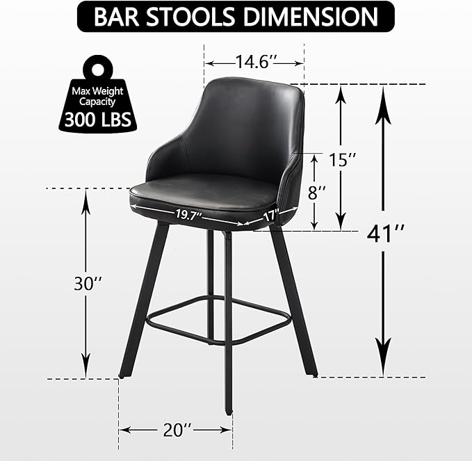 Bar Stools Set - 30" Swivel Bar Height with High Back Faux Leather Kitchen Barstools (Black, 3PCS)