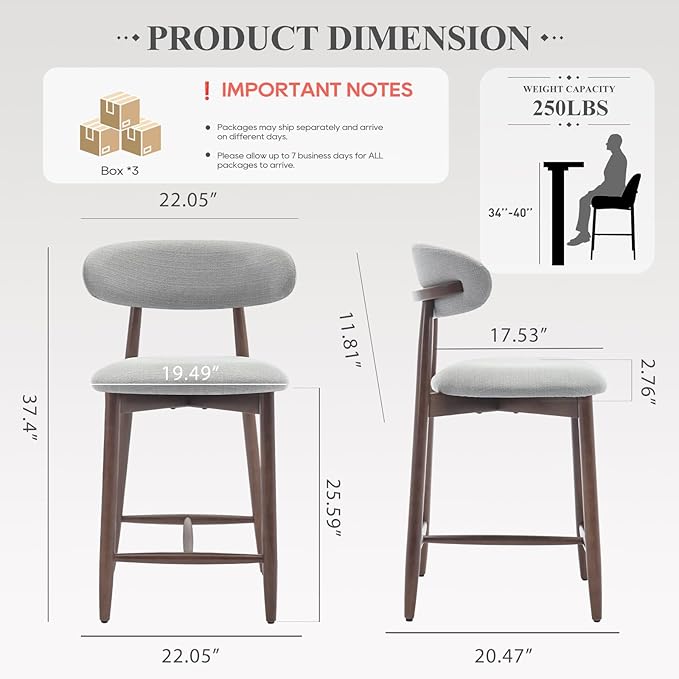 COLAMY Bar Stools Set of 6, Counter Height Bar Stools, Upholstered Counter Stools with Wood Legs for Kitchen Island Dining Room Bar, Light Grey