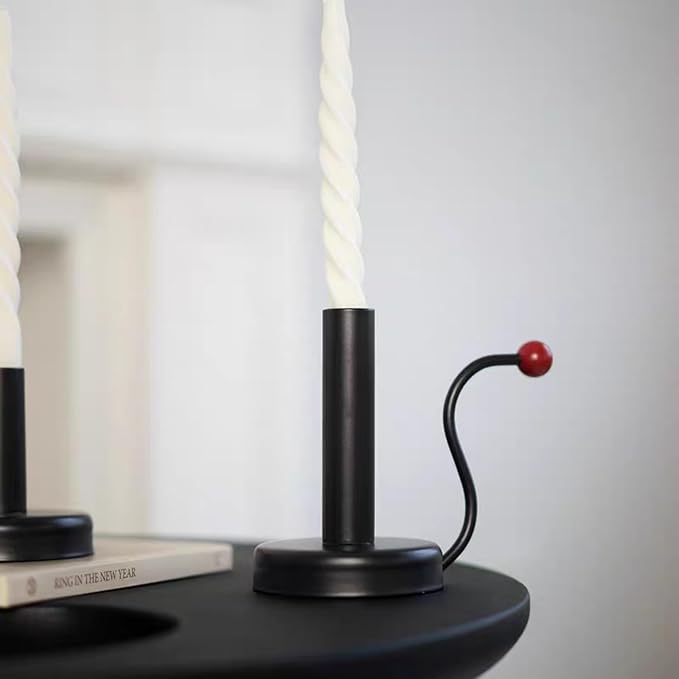 Black Iron Taper Candle Holder，Vintage Candlestick Holder Candlelight Stand for Farmhouse Decor Table Decoration (Black-Red)