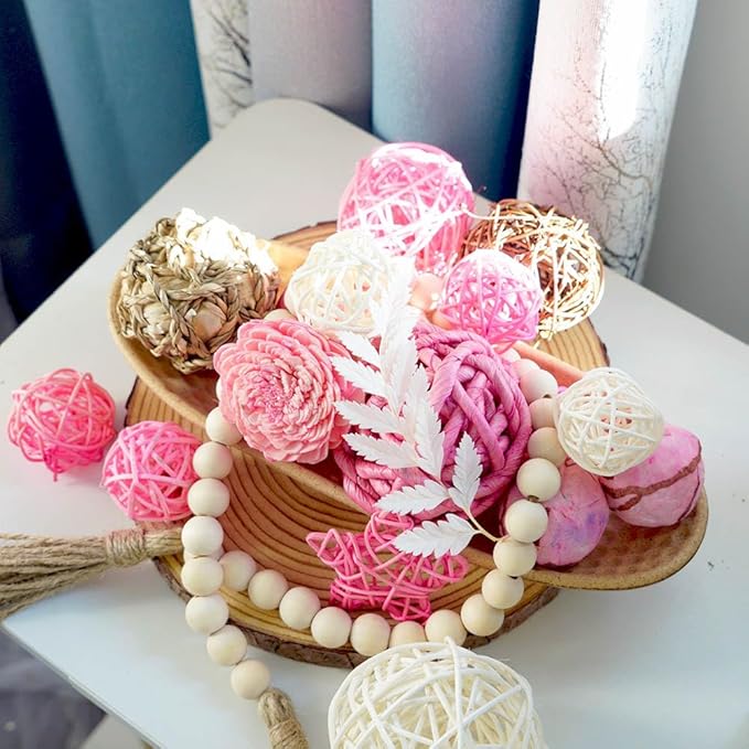 Qingbei Rina Pink Decorative Balls for Bowls, Assorted Vase Filler for Centerpieces, Wicker Rattan Balls Decorative Orbs Woven Spheres, Bowl Fillers for Home Decor