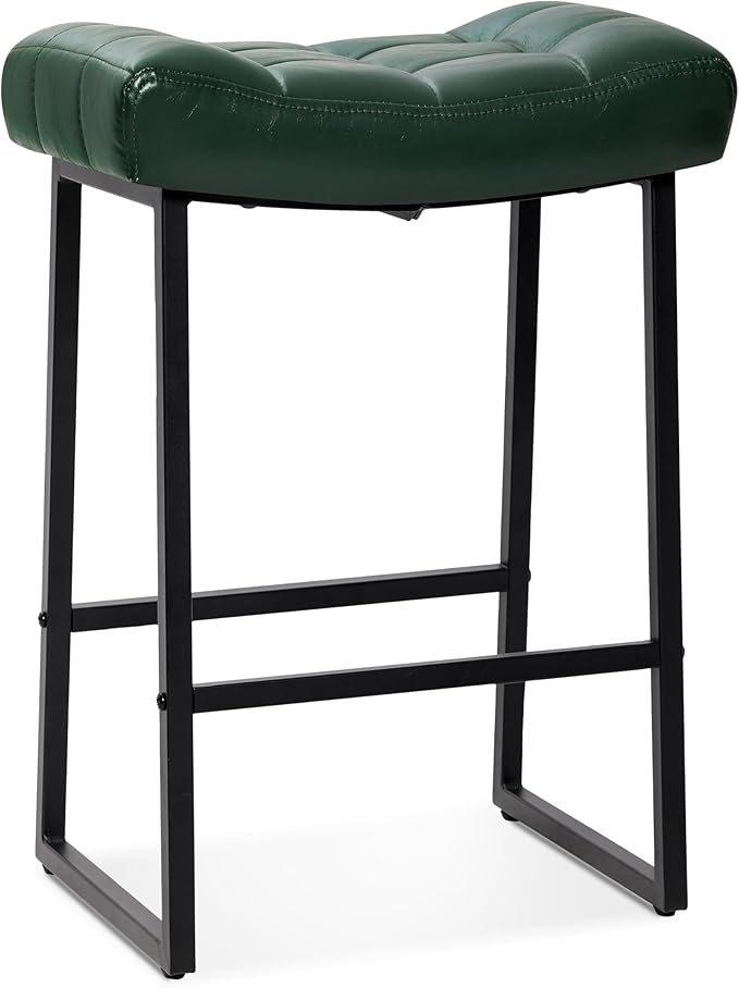Counter Height Bar Stool for Kitchen Counter Modern Backless Barstool with Upholstered Faux Leather Seat and Metal Frame Industrial 24 inch Bar Chair, Dark Green