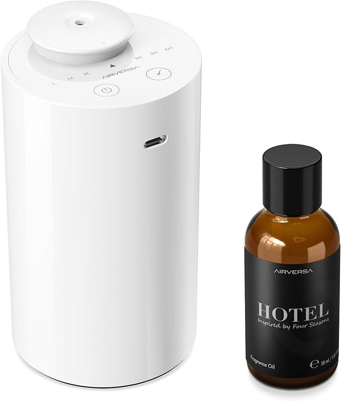 Airversa Waterless Essential Oil Diffuser Starter Kit with 30mL Fragrance Oil Inspired by Four Seasons Hotel, Battery Operated Mini Scent Air Machine Portable Diffuser for Home Car Office, White AN6