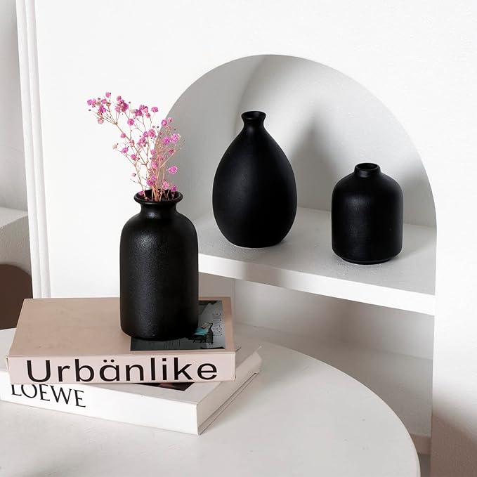 Black Ceramic Vase Set of 4, Classic Matte Vases Home Decorations for Table Shelf Office Decor (Black)