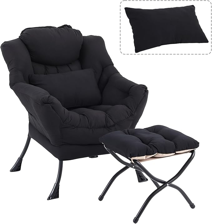 Lazy Chair with Ottoman, Modern Accent Chair with Lumbar Pillow, Comfy Chairs with Folding Footrest for Bedroom, Reading, Oversized Supportive Lounge Chairs(Black)
