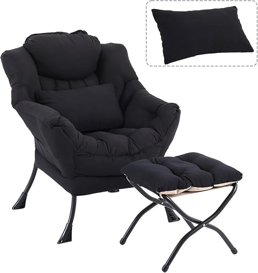 Lazy Chair with Ottoman, Modern Accent Chair with Lumbar Pillow, Comfy Chairs with Folding Footrest for Bedroom, Reading, Oversized Supportive Lounge Chairs(Black)