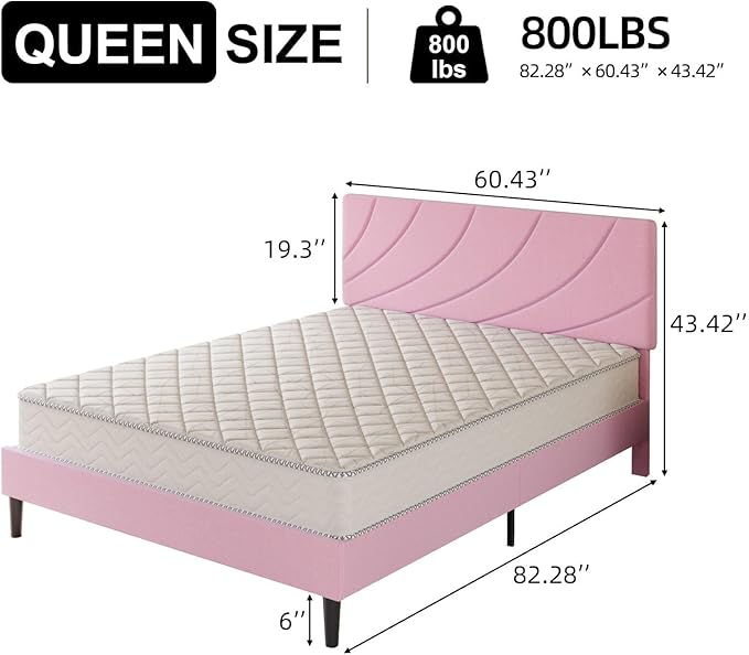 HOMBCK Queen Bed Frame with Adjustable Headboard, Queen Size Bed Frame with Linen Fabric Upholstered and Wooden Slats Support, No Box Spring Needed, Noise-Free, Easy Assembly, Pink
