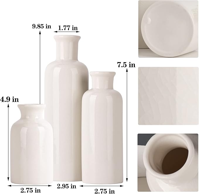 Farmhouse Decor 3 Piece Set - White Crackle Ceramic Vase for Country Home Centerpieces, Living Room, Table, Fireplace and Entrance