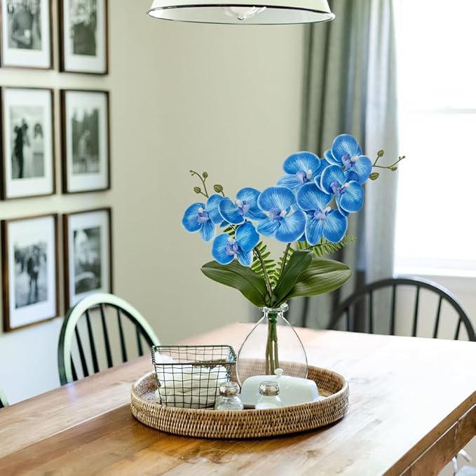 Blue Orchids Artificial Flowers, Faux Orchid in Glass Vase Real Touch Small Phalaenopsis Orchid Flowers Arrangements with Clear Vase Orchid Centerpiece for Dining Room Table