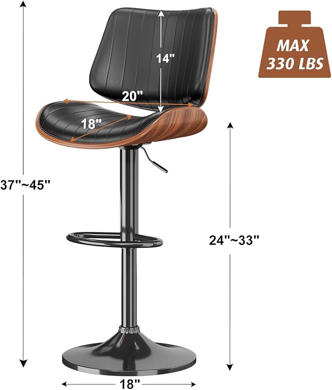 Swivel Bar Stools Set of 1, Adjustable Bentwood Barstools for Kitchen Counter, Modern PU Leather Upholstered Bar Chair with Back and Footrest, for Kitchen Island, Bar, Dining Room, Black