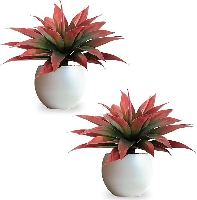 Artificial Agave Faux Agave Fake Greenery Outdoor Artificial Plants Fake Plants 28" for Indoor Home Decor Plastic Plants Outdoor Decor Front Porch Decor Simulation Plants(Red) 2pcs No Vase