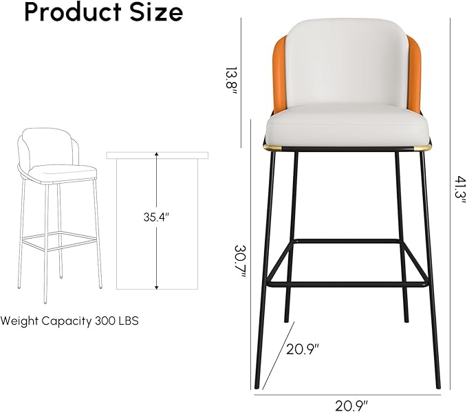 homary Barstools Modern PU Leather Bar Stools with Back and Footrest Waterproof Upholstered Breakfast Chairs for Kitchen Island or Counter (Orange,1 Chair, 41.3" H)
