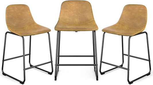 Rfiver Pu Faux Leather Bar Stools Set of 2, Industrial Pub Barstools with Back and Footrest, Modern Armless Bar Height Stool Chairs (Yellow, 24" Counter Chair x3)