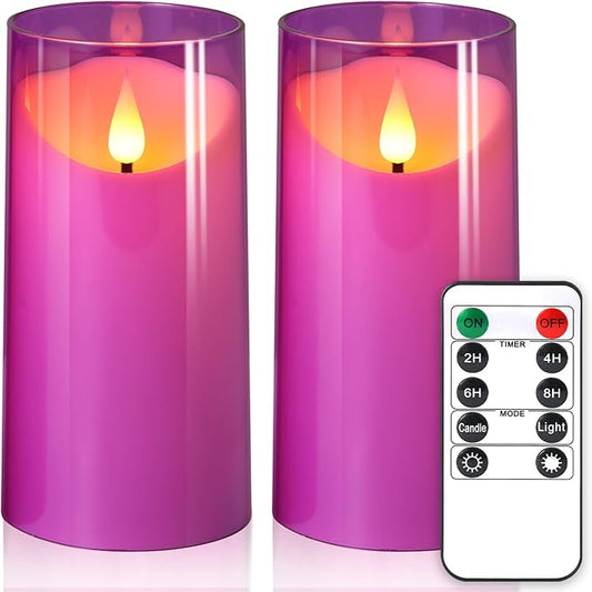 NURADA 3"x6"Flickering Flameless Candles: 3D Wick Unbreakable Acrylic Battery Operated LED Pillar Candles - Battery Candles with Remote and Timer for Table Wedding Centerpieces Party Decor Purple