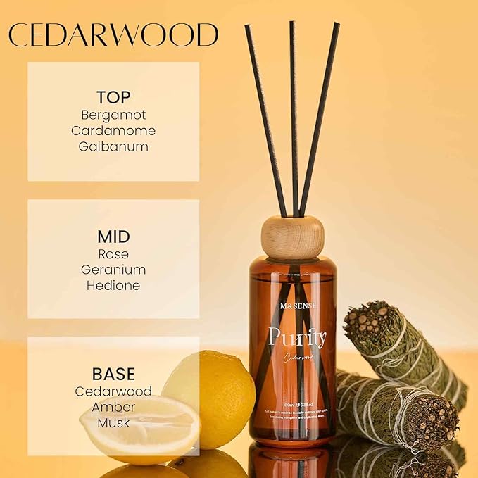 M&SENSE Cedarwood Reed Diffuser: 6.3 fl oz Non-Toxic Aroma Set with Sticks, Light & Subtle Fragrance, Long-Lasting Natural Essential Oil Gifts for Bedroom, Shelf Decor & Small Spaces