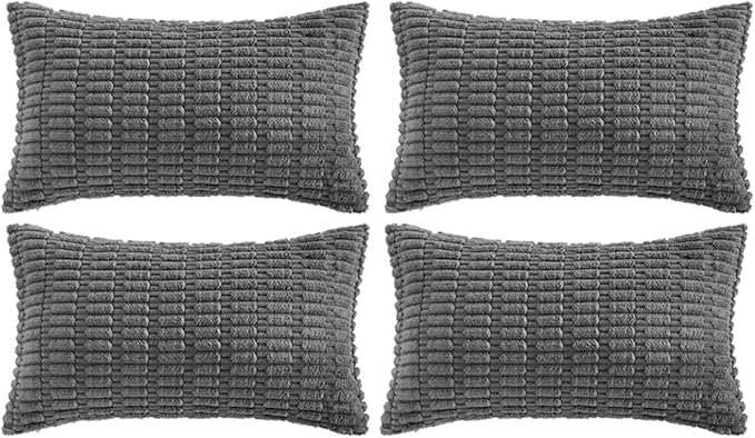 Fancy Homi 4 Packs Dark Grey Decorative Throw Pillow Covers 12x20 Inch for Couch Bed, Rustic Modern Farmhouse Boho Home Decor, Soft Plush Corduroy Gray Cute Square Accent Cushion Case 30x50 cm