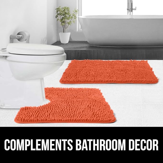 GORILLA GRIP Plush Absorbent Shaggy Chenille Bath Rug Mat for Oval Toilet Base with Rubber Backing, Machine Washable Rugs, Soft Microfiber Contour Mats for Toilets, Bathroom Decor, Coral