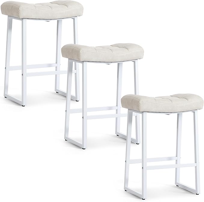 White & Beige Counter Height Bar Stools Set of 3 for Kitchen Counter Modern Backless Barstools with Upholstered Faux Leather Seat and Metal Frame Industrial 24 inch Bar Chairs