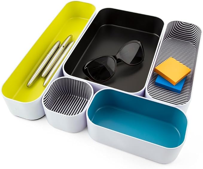 Three by Three Seattle 5 Piece Metal Organizer Tray Set for Storing Makeup, Stationery, Utensils, and More in Office Desk, Kitchen and Bathroom Drawers (2 Inch, Assorted Colors, Stripes)