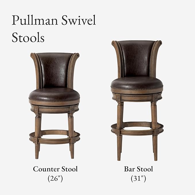 Maven Lane Pullman Counter Stool 26 Inches – Set of 3 – Swivel Stools with Footrest – Brown Solid Wood Frame & Beige Faux Leather Upholstery – Perfect for Kitchen Islands & Counters