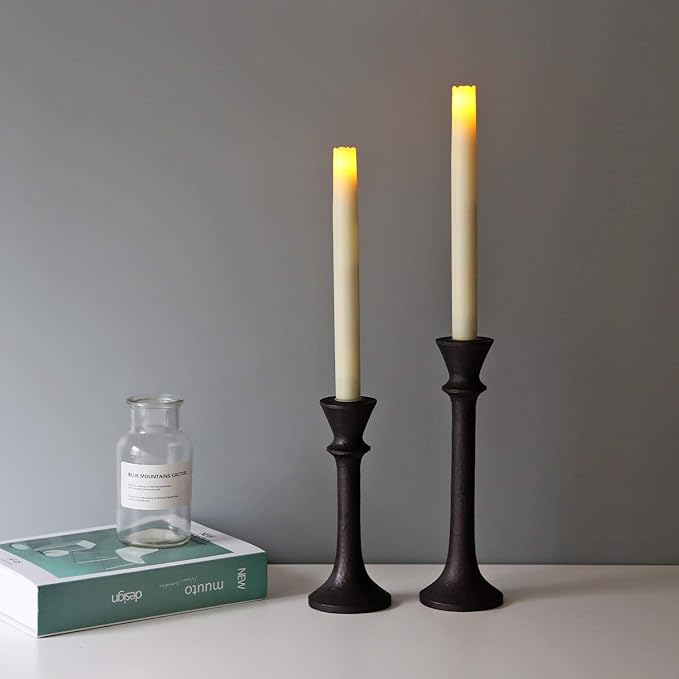 JT17008 Rustic 2 Pack Candlestick Decorative Taper Candle Holder for Table Centerpiece, 7" x 9", Brown