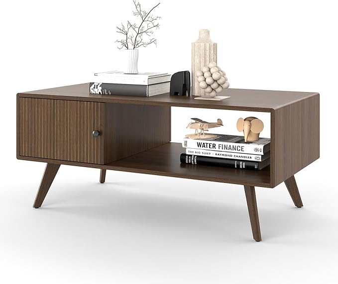 Mid Century Modern Coffee Table with Storage, Walnut Wood Center Table with Cabinet & Open Shelf, Retro Accent Furniture for Living Room & Small Spaces