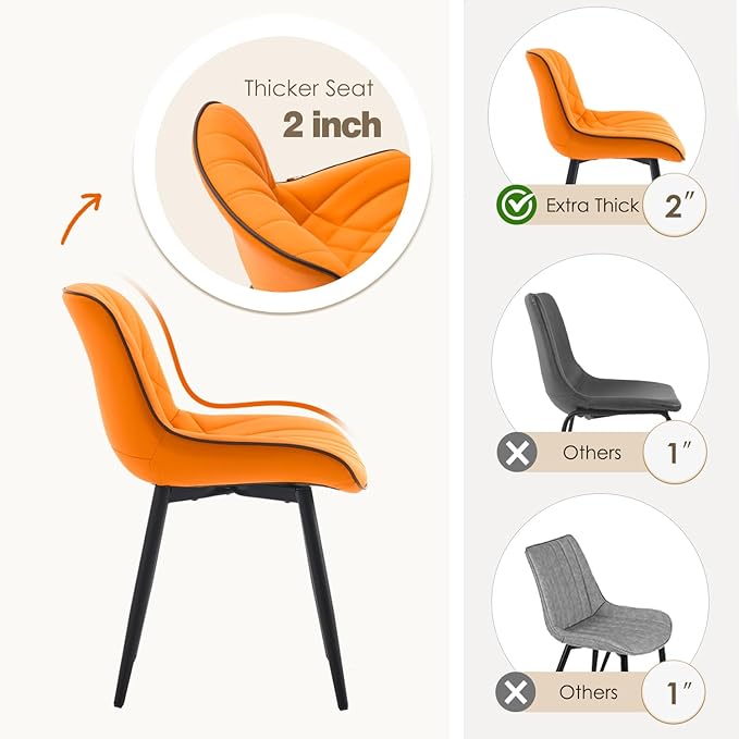 YOUNUOKE Dining Chairs Set of 2 Mid Century Modern Kitchen Chair Comfortable Upholstered Faux Leather Dinner Chairs for Kitchen Dining Room, Orange