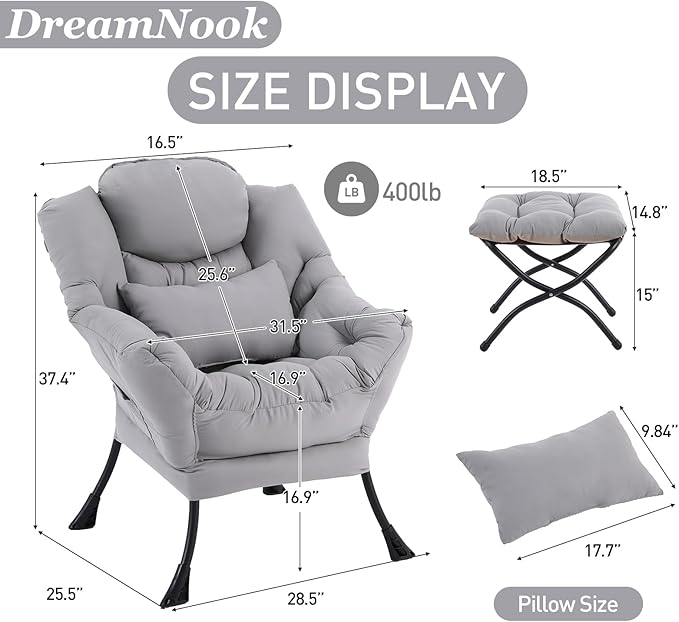 Lazy Chair with Ottoman, Modern Accent Chair with Lumbar Pillow, Comfy Chairs with Folding Footrest for Bedroom, Reading, Oversized Supportive Lounge Chairs(Grey)