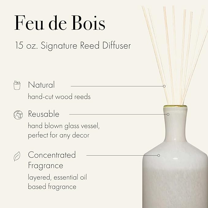 LAFCO New York Signature Reed Diffuser, Feu de Bois - 15 oz - Up to 9 Months Fragrance Life - Reusable, Hand Blown Glass Vessel - Natural Wood Reeds - Made in The USA