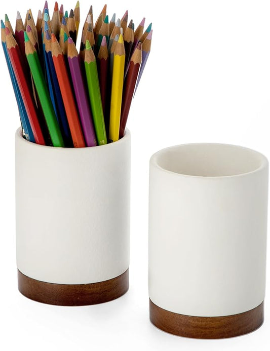 Pen Holder for Desk, Ceramic Pencil Organizer & Makeup Brush Holder, Office Decor and Desk Accessories，Perfect Office Organization,Teacher Supplies(White, Set / 2)