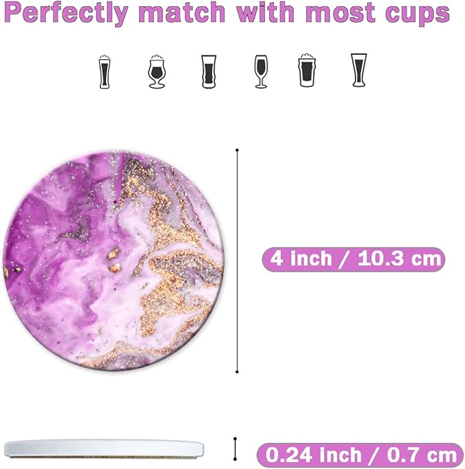 Dooke Coasters for Drinks, Round Absorbent Ceramic Stone Coasters Set of 6 with Cork Base, Funny Drink Coasters with Holder for Cold Drinks Wine Mugs and Cups Tabletop Protection, 4 Inches,Purple