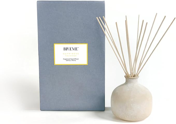BLUEME Happiness-Yuzu & Ginger, 5.92 Fl Oz Wellness Diffuser, Contains Essential Oil, Sustainable, Hand Finished, Premium, Luxury Ceramic, Natural Rattan Reeds
