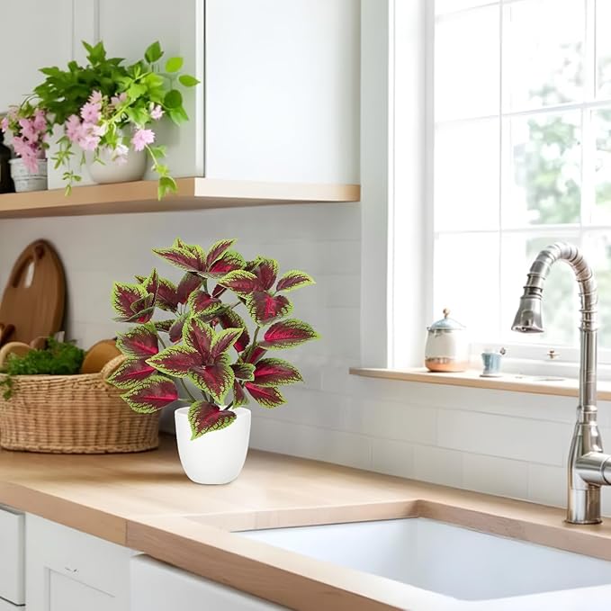 Artificial Plants Indoor 14.2" Small Fake Perilla Plant in Pot Potted Plants Artificial Decor Faux House Plant with White Pot for Farmhouse Home Office Bathroom Living Room Table Shelf Decor