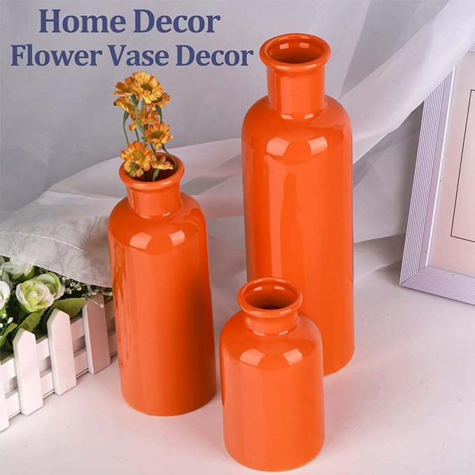 Orange Ceramic Vase Set for 3, Modern Minimalist Decor Boho Vases, Farmhouse Home Décor Accents Living Room Centerpieces, Suitable for Home Décor,Room,Entryway, Bookshelf, Mantel, Shelf Décor