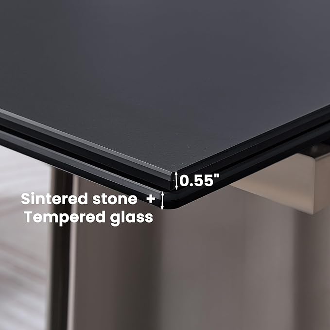Extendable Dining Table for 8-12 Seat, Flexible Stretch, Tabletop Made from Rock Plate and Tempered Glass, Stable Stainless Steel Brushed Table Legs, 35.4"D x 106.3"W x 30.7"H, Pure Black